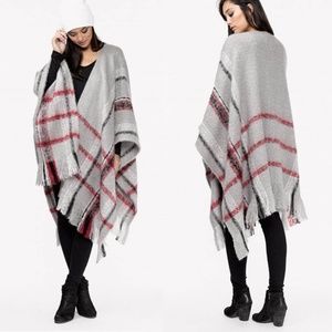 NWT LOVE STITCH Grey Plaid Fringed Poncho One Size
